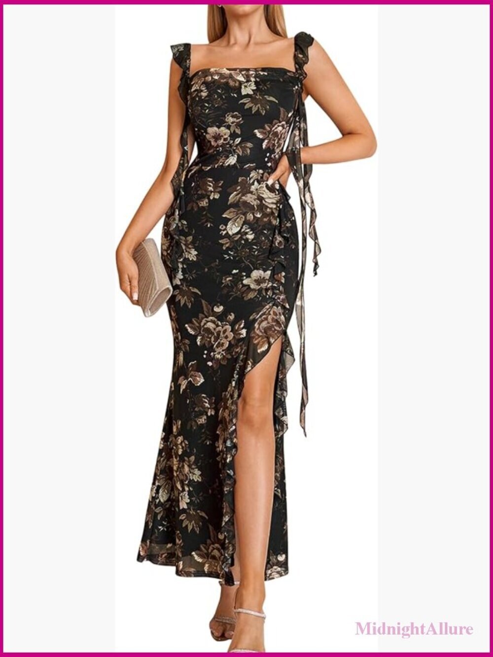 Ruffle Bodycon Maxi Dress with Slit Square Neck Sleeveless Stretch Formal Party